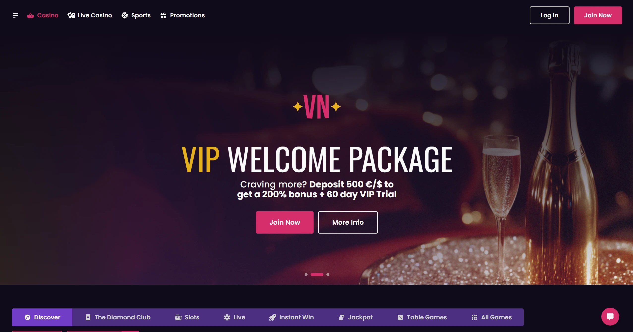 Vegas Now homepage with VIP welcome package up to 200%